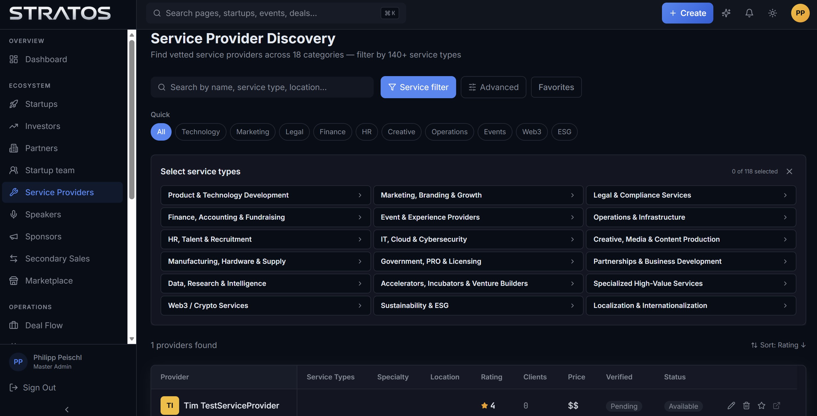 A vetted service marketplace: 18 categories, 140+ service types, ratings and verification built in.