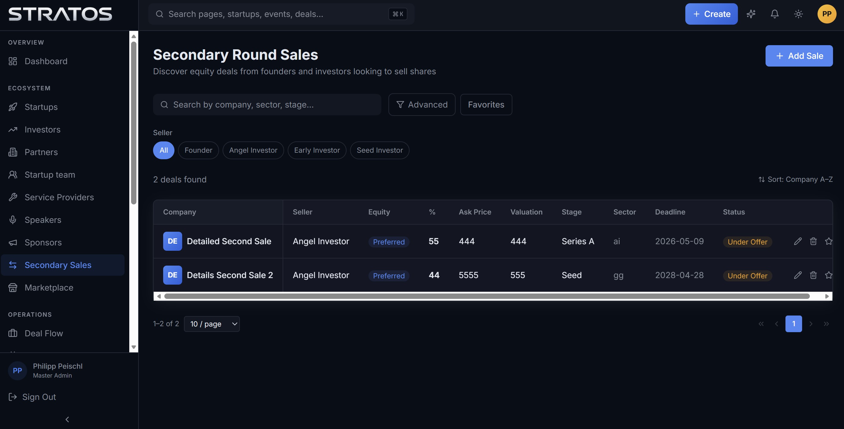 A structured secondary market: founders and early investors list equity with class, %, ask, valuation and deadlines.