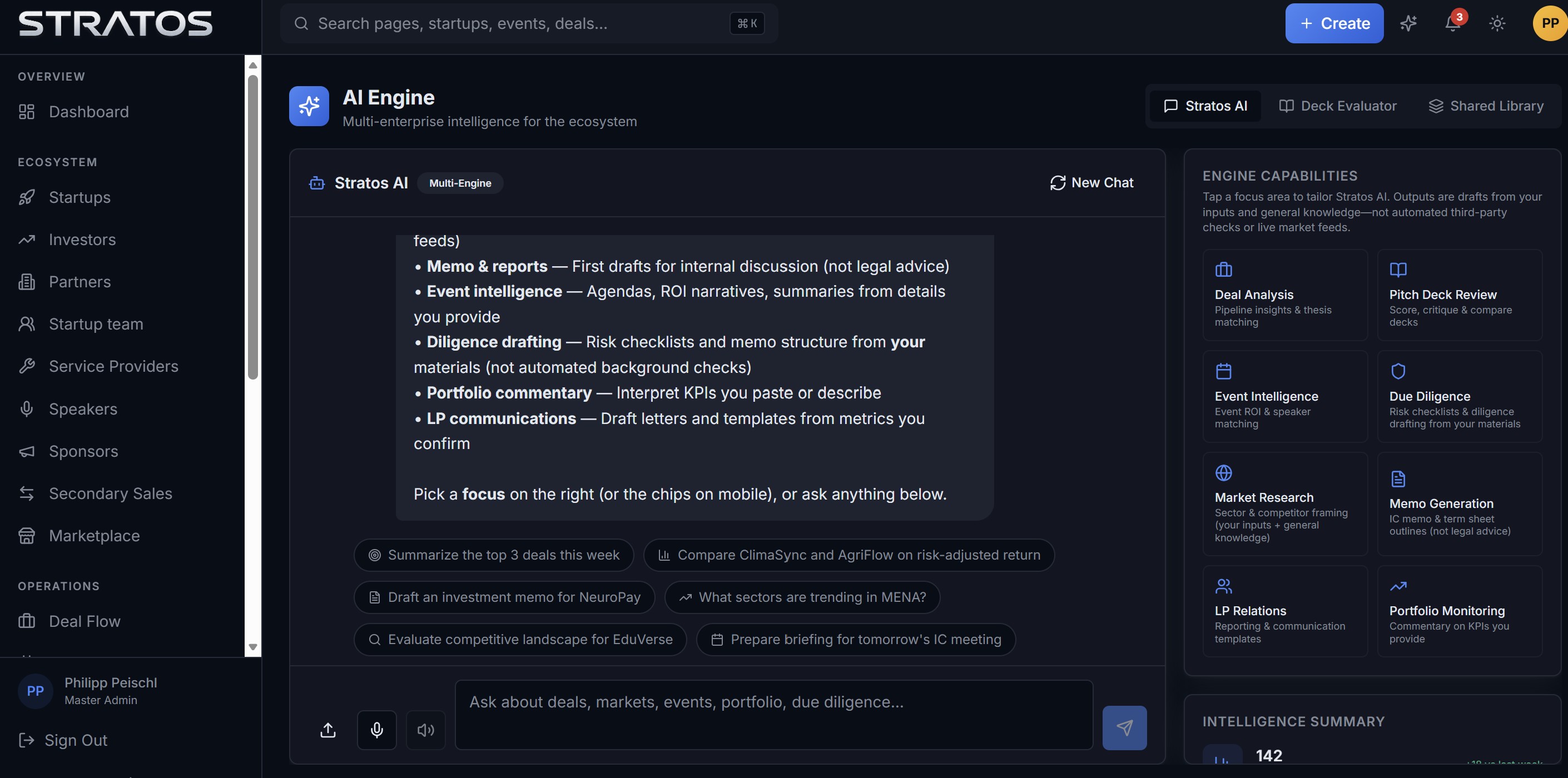 An AI analyst in every layer — deal analysis, deck review, diligence drafting, memos and portfolio commentary.