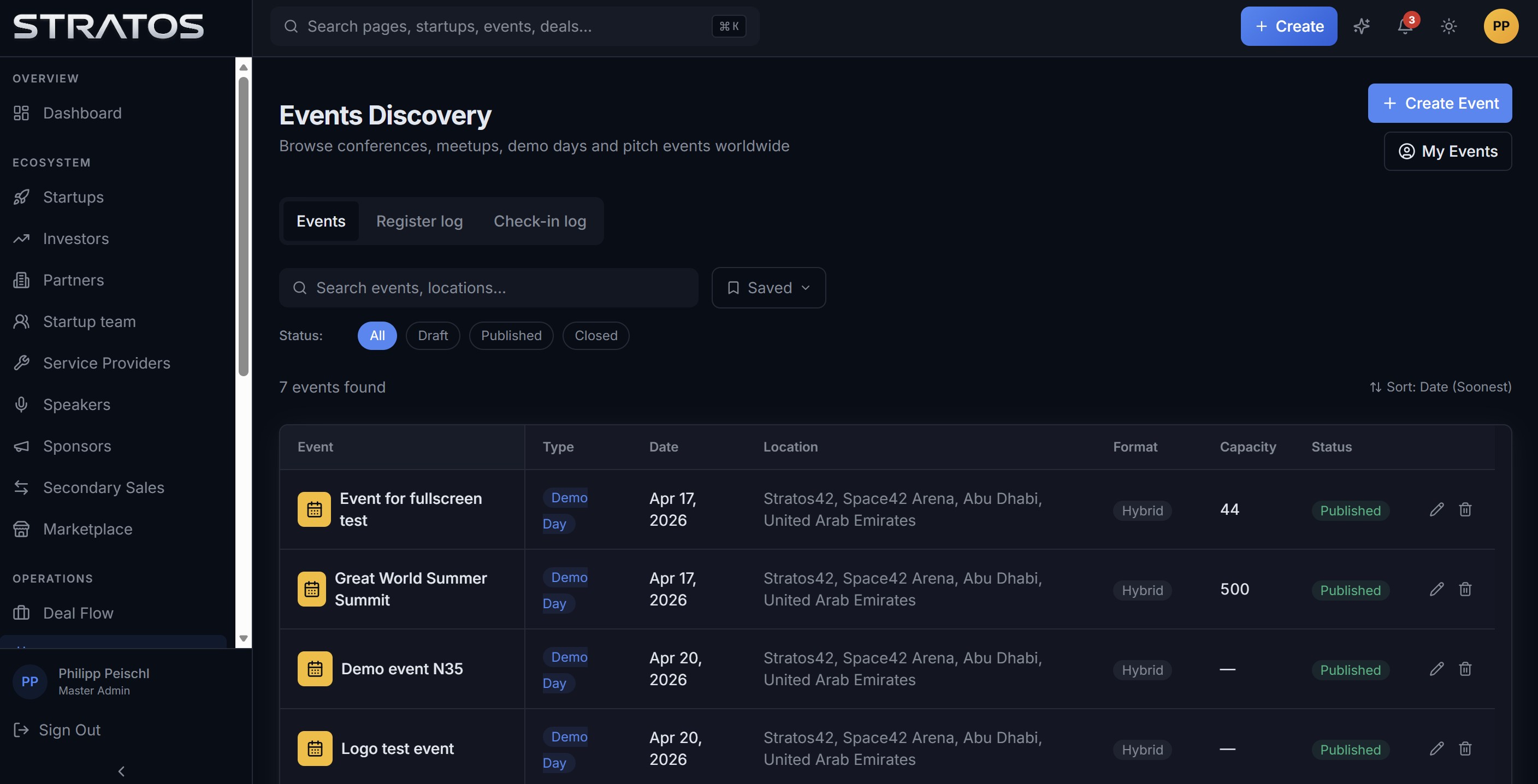 Create, publish and run events — demo days, capacity, hybrid formats, registration and check-in logs.